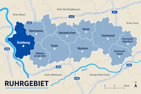 Karte Ruhrgebiet mit Duisburg