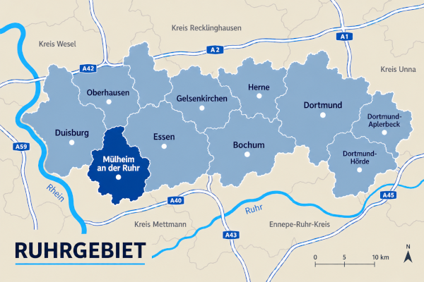 Karte Ruhrgebiet mit Mülheim an der Ruhr