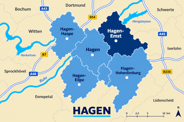 Karte Stadt Hagen mit Hagen-Emst