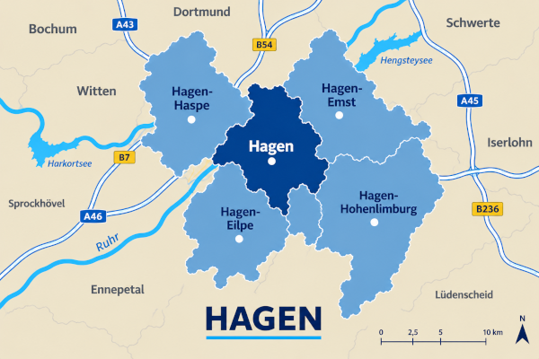 Karte Stadt Hagen mit Hagen